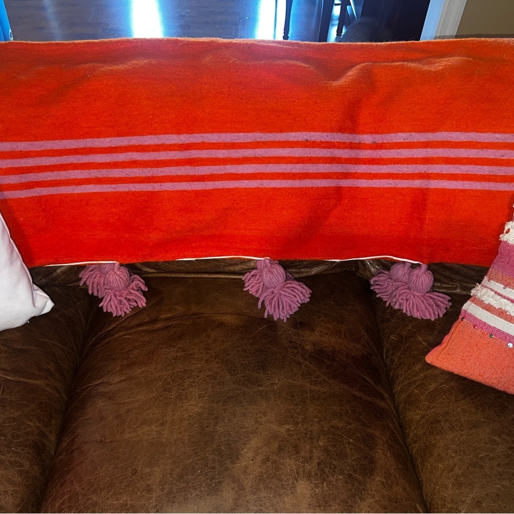 Custom Orange and Pink Striped Wool Blanket with Tassels - Picture 3 of 5